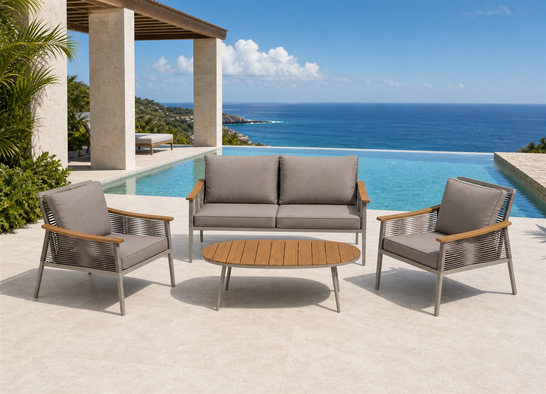 Yumostia outdoor lounge set on a coastal pool terrace