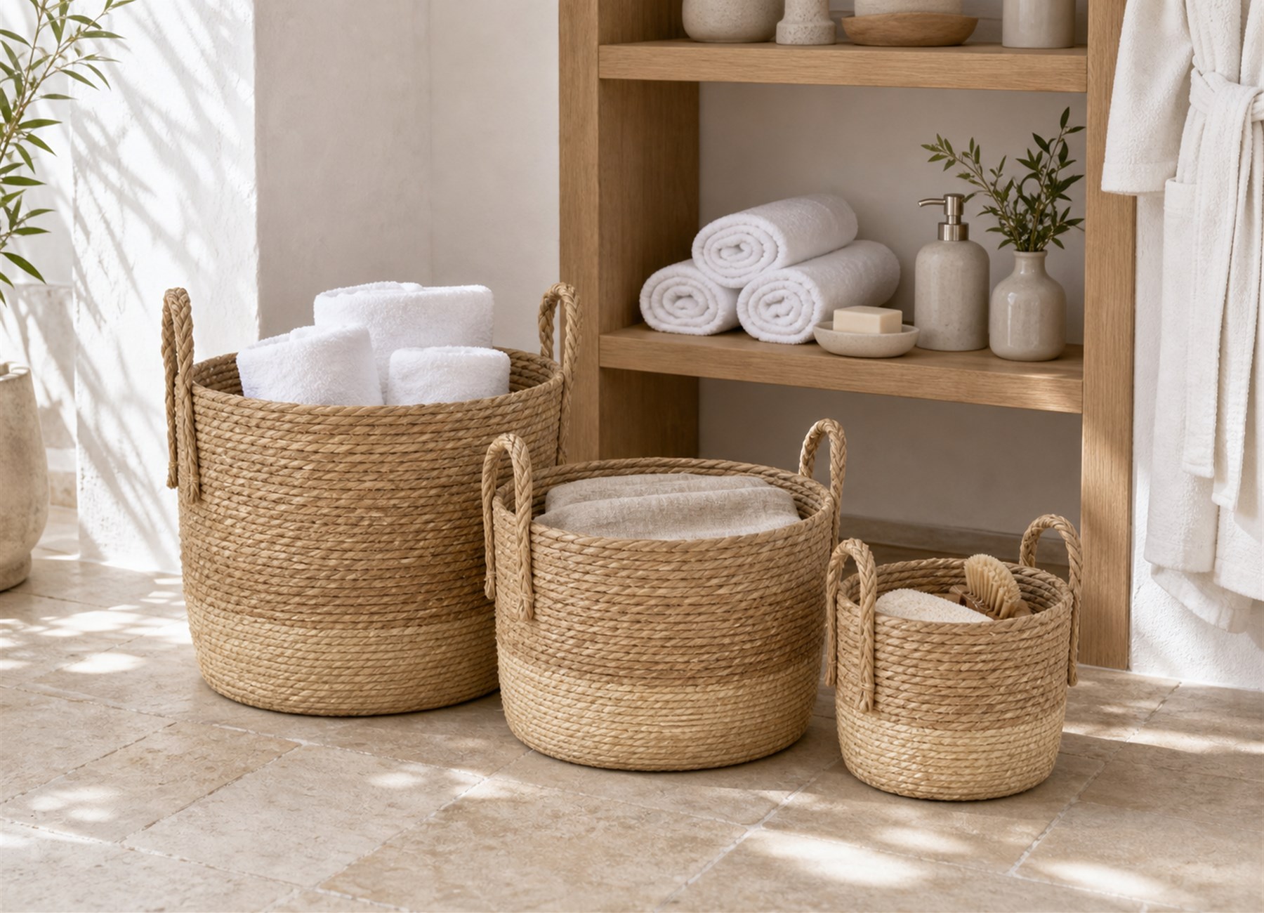 Woven storage baskets in a natural home setting