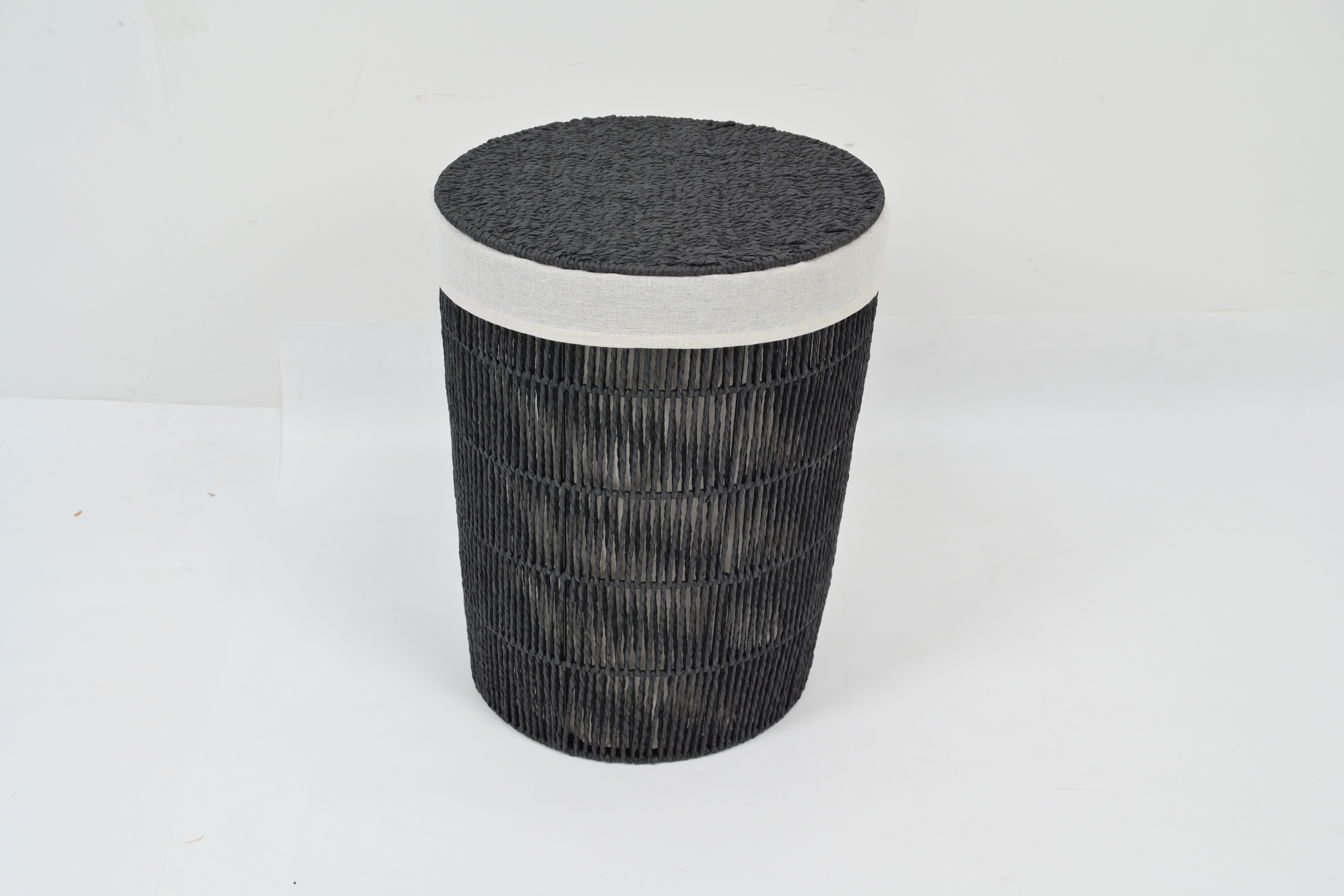 Black woven lidded laundry basket