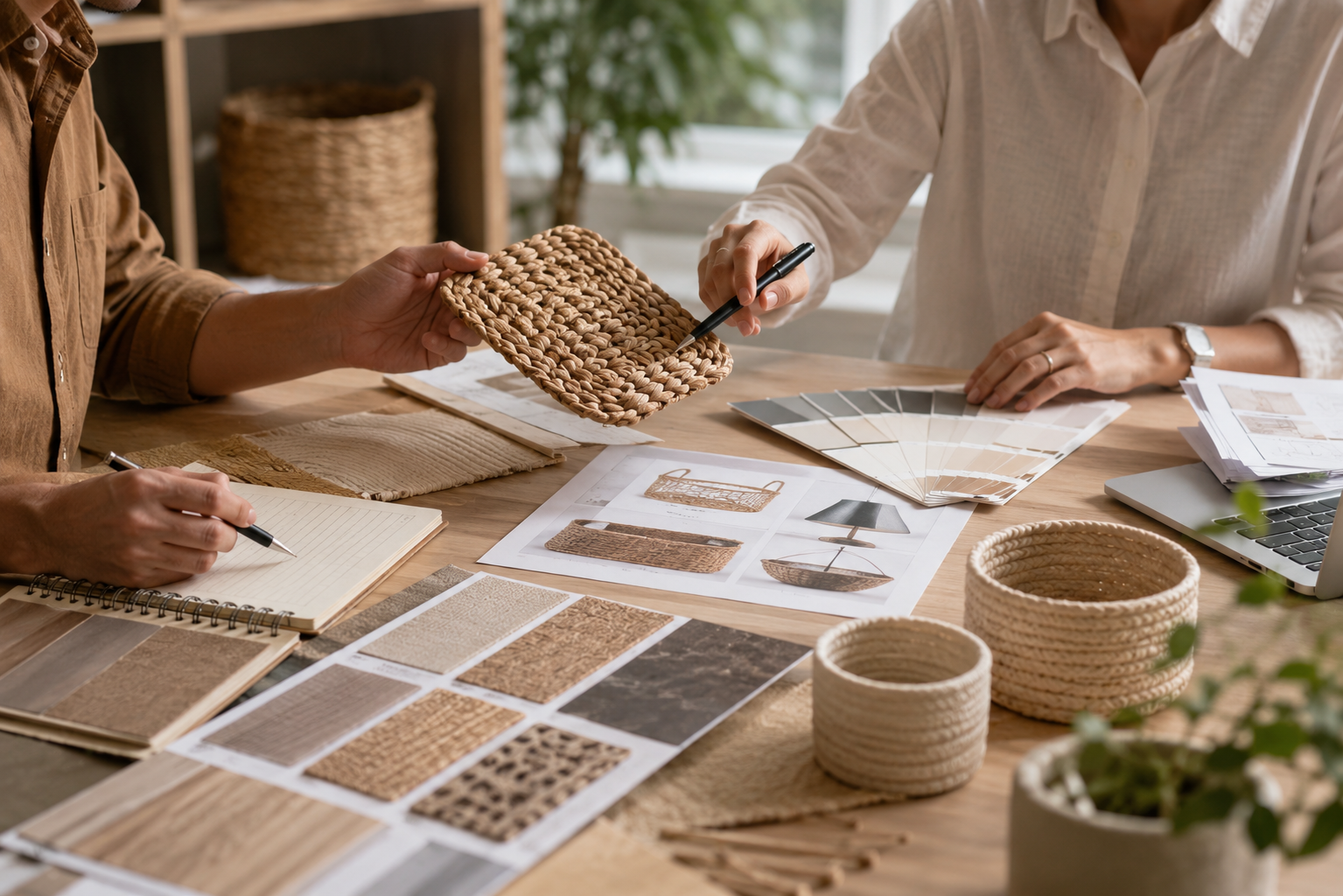 Product development team reviewing woven samples and material selections